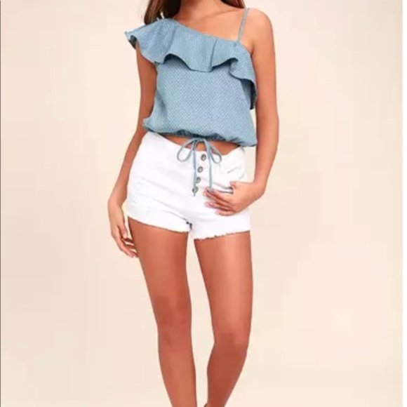 J.O.A. Blue Chambray One-Shoulder Polkadot Top XS - Picture 2 of 2